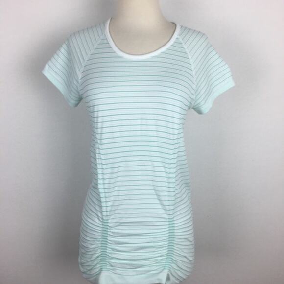 Athleta Green and White Stipe Fast Track Short Sleeve Knit Athletic Top Med - Picture 2 of 8